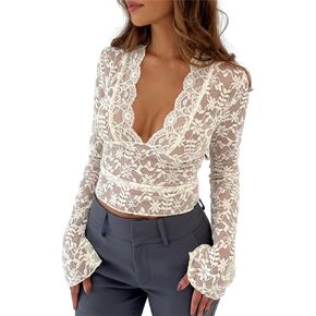 Women Sexy Long Sleeve Lace Shirt Deep V-Neck Slim Sitted T-Shirt See Through Shirt Y2k Going Out Crop Tops