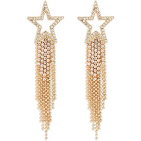 Rhinestone Tassel Star Dangle Earrings for Women Girls Long Fringe Ball Bead Chandelier Statement Drop Dangling Stud Earrings Lightweight Shiny Birthday Christmas Holiday Y2K Jewelry Gifts