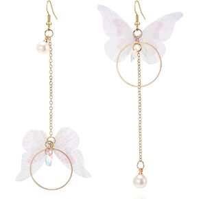 Boho Asymmetrical Long Butterfly Wings Dangle Drop Earrings with Long Pearl Dangle Chiffon Fabric Dragonfly Wing Earrings for Women Girls Vacations Gifts