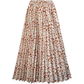 ZHANCHTONG Women's Leopard Print Elastic Waist Pleated A-Line Midi Long Skirts