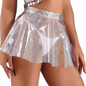 See Through Mini Skirts Sparkly Pleated Skirt Skater Flared High Waist Skirt Sheer Clubwear Novelty Skirt for Women