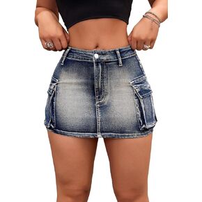 MakeMeChic Women's Bodycon Washed Denim Skirt Zip Fly Cargo Mini Skirt with Flap Pocket