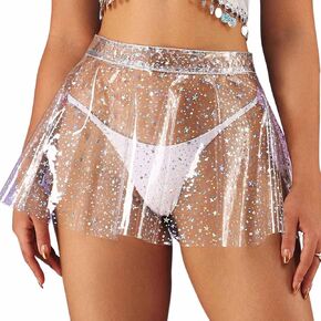 See Through Mini Skirts Sparkly Pleated Skirt Skater Flared High Waist Skirt Sheer Clubwear Novelty Skirt for Women
