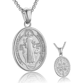 FSYAEGZA St Benedict Exorcism Medal Pendant Necklace Men's Stainless Steel Catholic Roman Patron Saint Pendant, Round Antiqued Religious Cross Protector Talisman Pendant