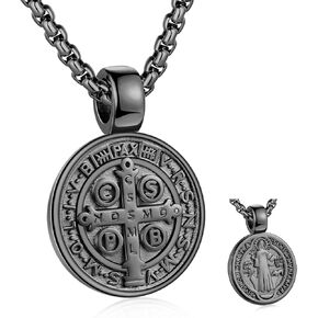 FSYAEGZA St Benedict Exorcism Medal Pendant Necklace Men's Stainless Steel Catholic Roman Patron Saint Pendant, Round Antiqued Religious Cross Protector Talisman Pendant