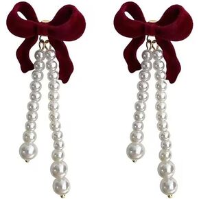 Velvet Bow Knot Pearl Tassel Dangle Earrings 925 Sterling Silver Pin for Women Girls Faux Pearls Ribbon Bow Dangling Drop Earring Elegant Christmas Birthday Jewelry Gifts for Bride Wedding