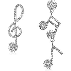 Chic Charm Elegant 925 Silver Sparkly Crystal Chain Musical Note Polished Dangle Drop Earrings for Women Girls Unique Fun Music Treble Clef Rhinestone Stud Earrings Gift Jewelry for Music Lover