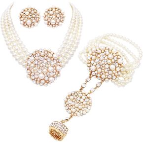 Rosemarie & Jubalee Women's Unique Circular Design Crystal Rhinestone and Simulated Three Strand Pearl Necklace Earrings Stretch Bracelet Ring Hand Chain Bridal Jewelry Set
