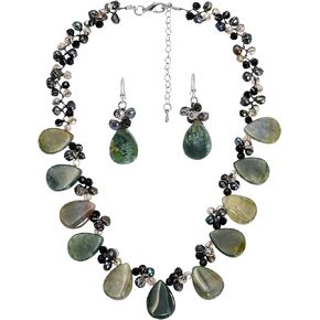 AeraVida Earth Tones Green Jasper Teardrops Cultured Freshwater Pearl Necklace Earrings Set | Classic Handmade Jewelry for Women | Casual Gifts for Women | Statement Necklace | Boho Jewelry