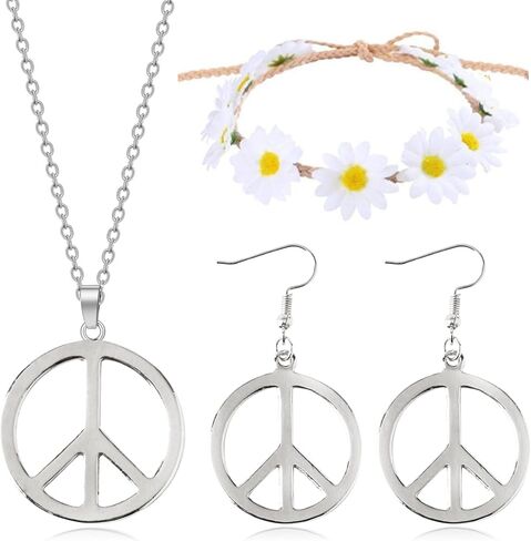 choice of all 4 Pieces Peace Sign Necklace Sunflower Headband Adjustable Hippie Necklaces Hippie Pendant Earring Jewelry in Saudi Arabia