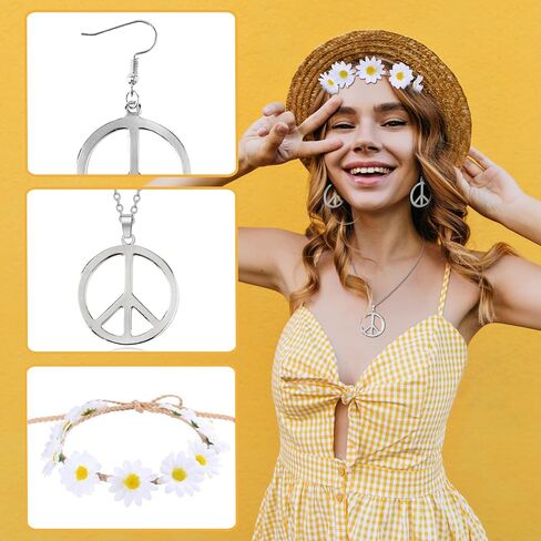 choice of all 4 Pieces Peace Sign Necklace Sunflower Headband Adjustable Hippie Necklaces Hippie Pendant Earring Jewelry in Saudi Arabia