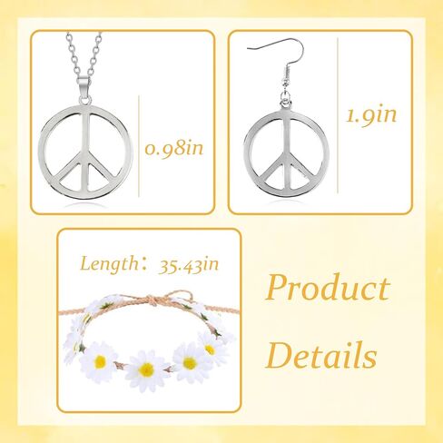 choice of all 4 Pieces Peace Sign Necklace Sunflower Headband Adjustable Hippie Necklaces Hippie Pendant Earring Jewelry in Saudi Arabia