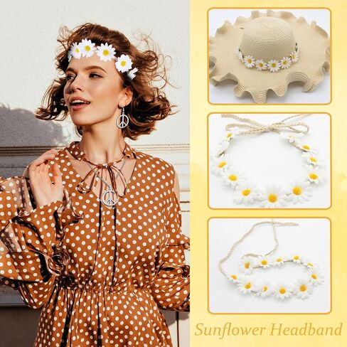 choice of all 4 Pieces Peace Sign Necklace Sunflower Headband Adjustable Hippie Necklaces Hippie Pendant Earring Jewelry in Saudi Arabia