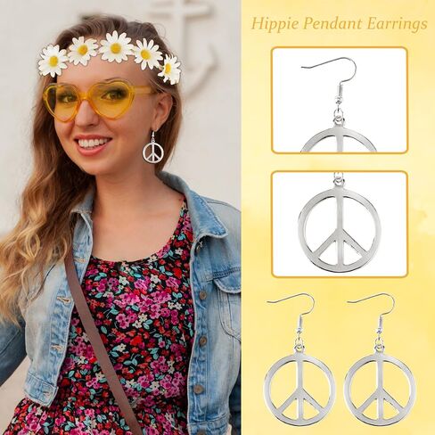 choice of all 4 Pieces Peace Sign Necklace Sunflower Headband Adjustable Hippie Necklaces Hippie Pendant Earring Jewelry in Saudi Arabia