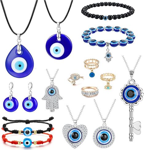 JeryWe 15 جهاز كمبيوتر شخصى قلادة العين الشريرة للنساء الرجال مجوهرات العين الشريرة التركية أساور العين الشريرة مطرز سحر قابل للتعديل سلسلة حماية العين الشريرة سوار مجموعة مجوهرات in Kuwait