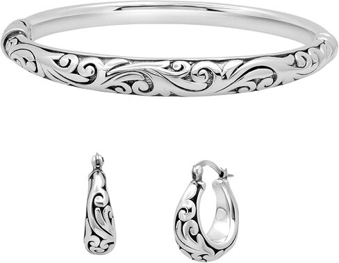 MAX + STONE 925 Sterling Silver Bracelet 7 Inch Hinged Clasp Filigree Bangle with Filigree Lightweight Hoop Earrings in Saudi Arabia