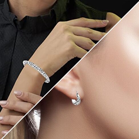 MAX + STONE 925 Sterling Silver Bracelet 7 Inch Hinged Clasp Filigree Bangle with Filigree Lightweight Hoop Earrings in Saudi Arabia