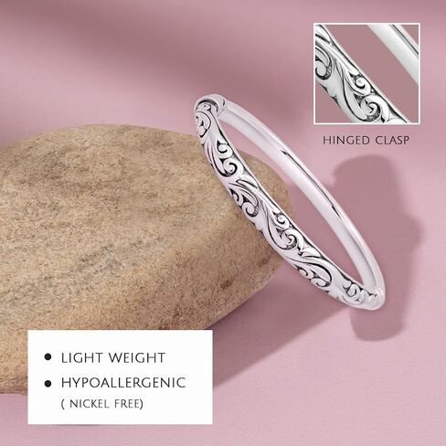 MAX + STONE 925 Sterling Silver Bracelet 7 Inch Hinged Clasp Filigree Bangle with Filigree Lightweight Hoop Earrings in Saudi Arabia