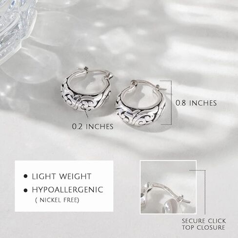 MAX + STONE 925 Sterling Silver Bracelet 7 Inch Hinged Clasp Filigree Bangle with Filigree Lightweight Hoop Earrings in Saudi Arabia