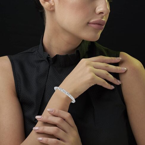 MAX + STONE 925 Sterling Silver Bracelet 7 Inch Hinged Clasp Filigree Bangle with Filigree Lightweight Hoop Earrings in Saudi Arabia