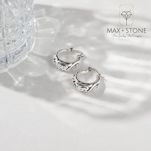 MAX + STONE 925 Sterling Silver Bracelet 7 Inch Hinged Clasp Filigree Bangle with Filigree Lightweight Hoop Earrings in Saudi Arabia