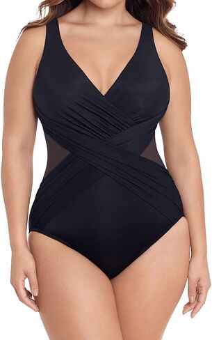 Miraclesuit Women's Swimwear Plus Size Illusionist Crossover Tummy Control V-Neckline Soft Cups One Piece Swimsuit, Black, 22W in Saudi Arabia
