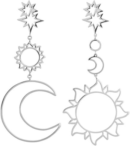 Bohemian Asymmetric Moon Sun Star Earrings for Women Girls Punk Dainty Long Rose Gold Silver Plated Hollow Layered Crescent Stars Planet Celestial Geometric Tassel Chain Statement Dangle Drop Earrings for Her Fashion Jewelry Gifts in Saudi Arabia