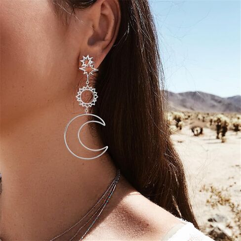 Bohemian Asymmetric Moon Sun Star Earrings for Women Girls Punk Dainty Long Rose Gold Silver Plated Hollow Layered Crescent Stars Planet Celestial Geometric Tassel Chain Statement Dangle Drop Earrings for Her Fashion Jewelry Gifts in Saudi Arabia