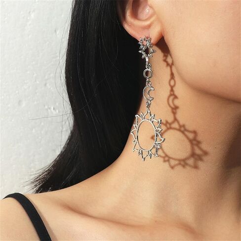 Bohemian Asymmetric Moon Sun Star Earrings for Women Girls Punk Dainty Long Rose Gold Silver Plated Hollow Layered Crescent Stars Planet Celestial Geometric Tassel Chain Statement Dangle Drop Earrings for Her Fashion Jewelry Gifts in Saudi Arabia