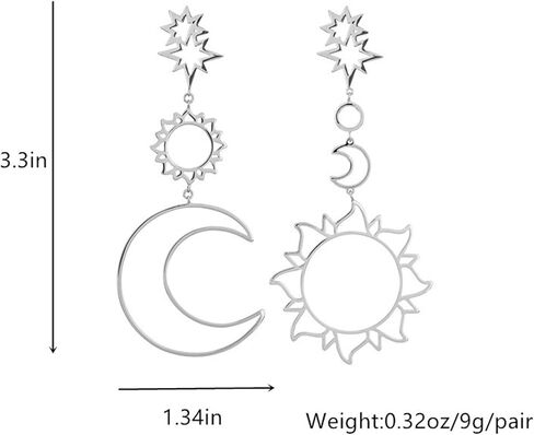 Bohemian Asymmetric Moon Sun Star Earrings for Women Girls Punk Dainty Long Rose Gold Silver Plated Hollow Layered Crescent Stars Planet Celestial Geometric Tassel Chain Statement Dangle Drop Earrings for Her Fashion Jewelry Gifts in Saudi Arabia