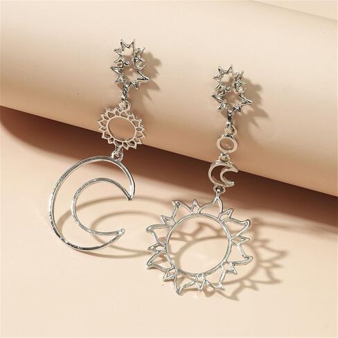 Bohemian Asymmetric Moon Sun Star Earrings for Women Girls Punk Dainty Long Rose Gold Silver Plated Hollow Layered Crescent Stars Planet Celestial Geometric Tassel Chain Statement Dangle Drop Earrings for Her Fashion Jewelry Gifts in Saudi Arabia