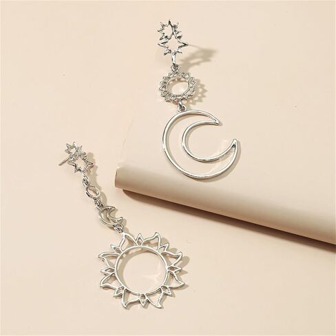 Bohemian Asymmetric Moon Sun Star Earrings for Women Girls Punk Dainty Long Rose Gold Silver Plated Hollow Layered Crescent Stars Planet Celestial Geometric Tassel Chain Statement Dangle Drop Earrings for Her Fashion Jewelry Gifts in Saudi Arabia