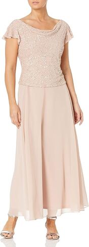 J Kara Women's Petite Long Beaded Cowl Neck Flutter Sleeve Gown Dress in Saudi Arabia