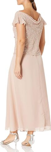 J Kara Women's Petite Long Beaded Cowl Neck Flutter Sleeve Gown Dress in Saudi Arabia