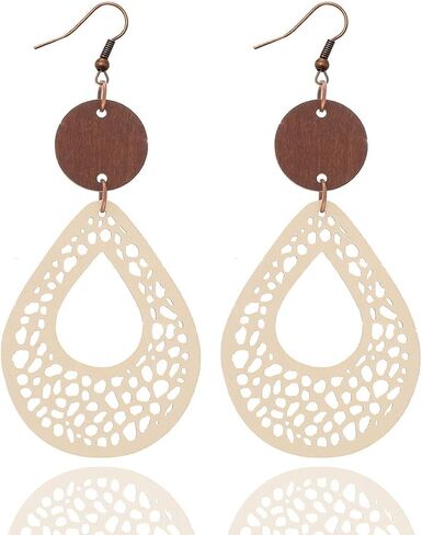 Vintage Hollow Out Geometric Wooden Leather Earrings for Women Girls Lightweight Ethnic Teardrop Dangle Earrings Boho Statement Jewelry in Saudi Arabia