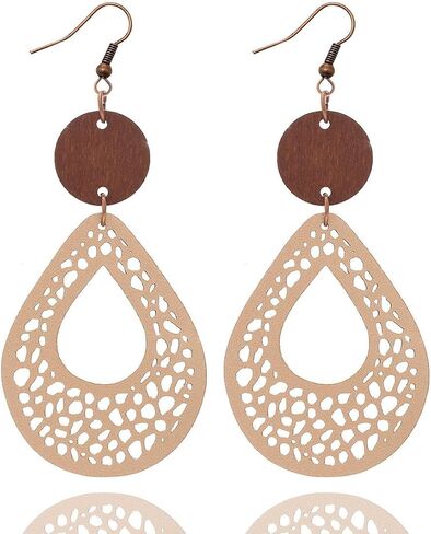 Vintage Hollow Out Geometric Wooden Leather Earrings for Women Girls Lightweight Ethnic Teardrop Dangle Earrings Boho Statement Jewelry in Saudi Arabia