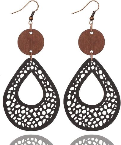 Vintage Hollow Out Geometric Wooden Leather Earrings for Women Girls Lightweight Ethnic Teardrop Dangle Earrings Boho Statement Jewelry in Saudi Arabia