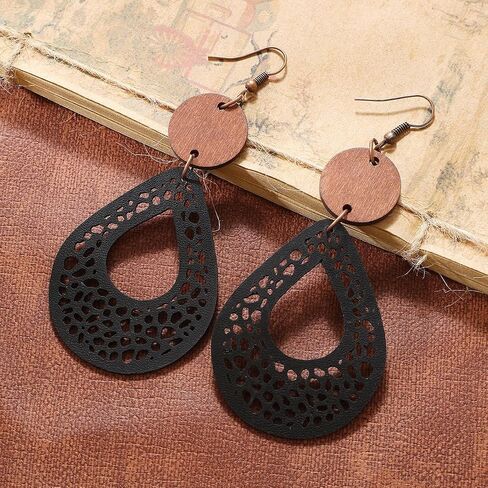 Vintage Hollow Out Geometric Wooden Leather Earrings for Women Girls Lightweight Ethnic Teardrop Dangle Earrings Boho Statement Jewelry in Saudi Arabia