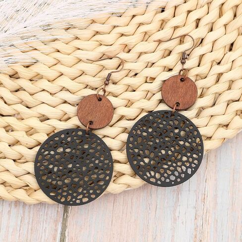 Vintage Hollow Out Geometric Wooden Leather Earrings for Women Girls Lightweight Ethnic Teardrop Dangle Earrings Boho Statement Jewelry in Saudi Arabia