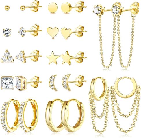 IRONBOX 12Pairs 14K Gold Plated Huggie Hoop Studs Earrings Set for Women Small Dainty Minimalist Chain Earrings Cartilage Heart CZ Ball Earrings Sets for Multiple Piercing in Saudi Arabia