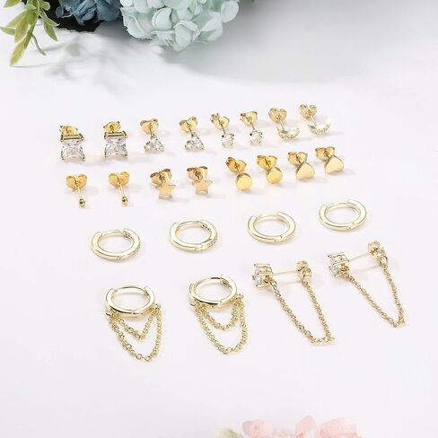 IRONBOX 12Pairs 14K Gold Plated Huggie Hoop Studs Earrings Set for Women Small Dainty Minimalist Chain Earrings Cartilage Heart CZ Ball Earrings Sets for Multiple Piercing in Saudi Arabia