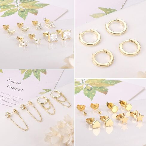 IRONBOX 12Pairs 14K Gold Plated Huggie Hoop Studs Earrings Set for Women Small Dainty Minimalist Chain Earrings Cartilage Heart CZ Ball Earrings Sets for Multiple Piercing in Saudi Arabia