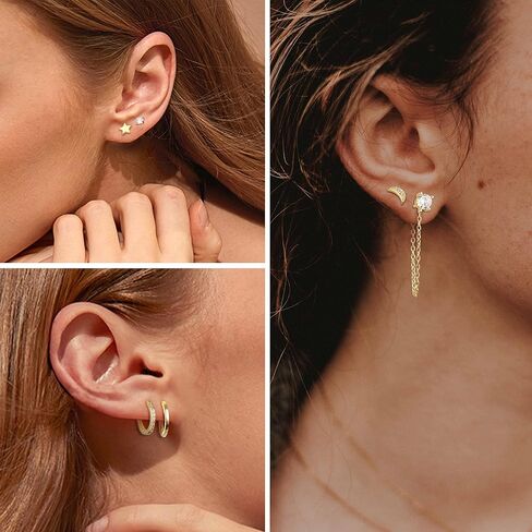 IRONBOX 12Pairs 14K Gold Plated Huggie Hoop Studs Earrings Set for Women Small Dainty Minimalist Chain Earrings Cartilage Heart CZ Ball Earrings Sets for Multiple Piercing in Saudi Arabia