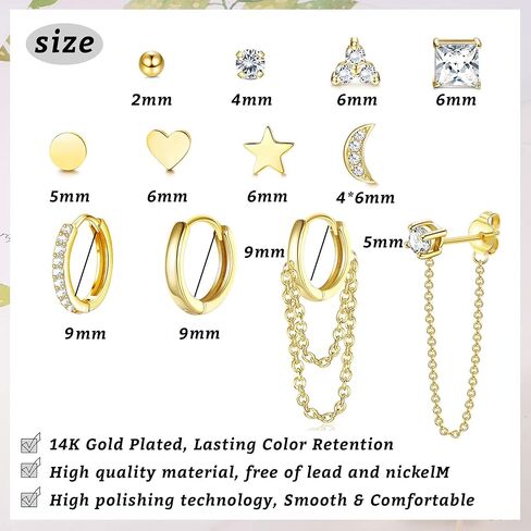 IRONBOX 12Pairs 14K Gold Plated Huggie Hoop Studs Earrings Set for Women Small Dainty Minimalist Chain Earrings Cartilage Heart CZ Ball Earrings Sets for Multiple Piercing in Saudi Arabia
