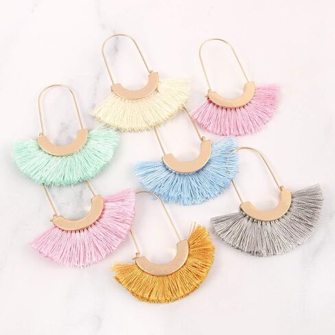 Bohemian Silky Thread Tassel Strand Fringe Statement Hoop Earrings - Lightweight Semi Circle Fan Threader, Mermaid Hoops in Saudi Arabia