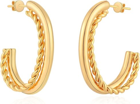 Chunky Open Hoop Earrings for Women 14K Gold Plated Sterling Silver Post Twisted Rope Earring Jewelry Gift in Kuwait
