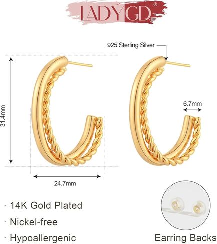 Chunky Open Hoop Earrings for Women 14K Gold Plated Sterling Silver Post Twisted Rope Earring Jewelry Gift in Kuwait