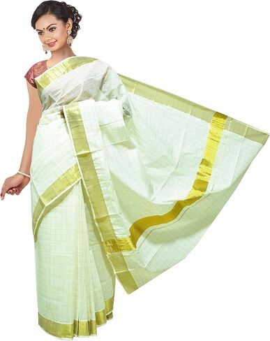 Kerala Saree Women's Cotton Cream Solid Plain Golden Zari Bordered Premium Traditional Elegance Onam Special Kavasu Saree in Saudi Arabia