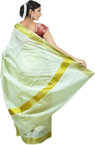 Kerala Saree Women's Cotton Cream Solid Plain Golden Zari Bordered Premium Traditional Elegance Onam Special Kavasu Saree in Saudi Arabia