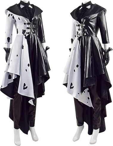 Cruella تأثيري معطف فستان المرأة الدلماسية سترة بانت تنورة الزي الشر ديفيل هالوين زي أسود أبيض دعوى فتاة in Kuwait